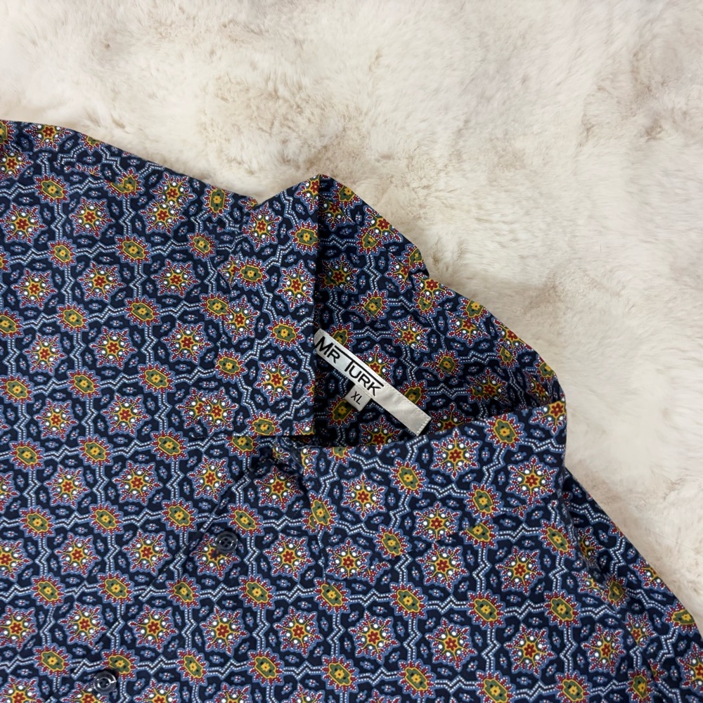 Mr. Turk medallion pattern long sleeve button up shirt in blue - xl
